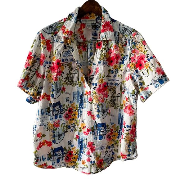 Vintage Floral Italian Roma Short Sleeve Collared Tunic Blouse Swiss Dot size XL - Picture 1 of 8